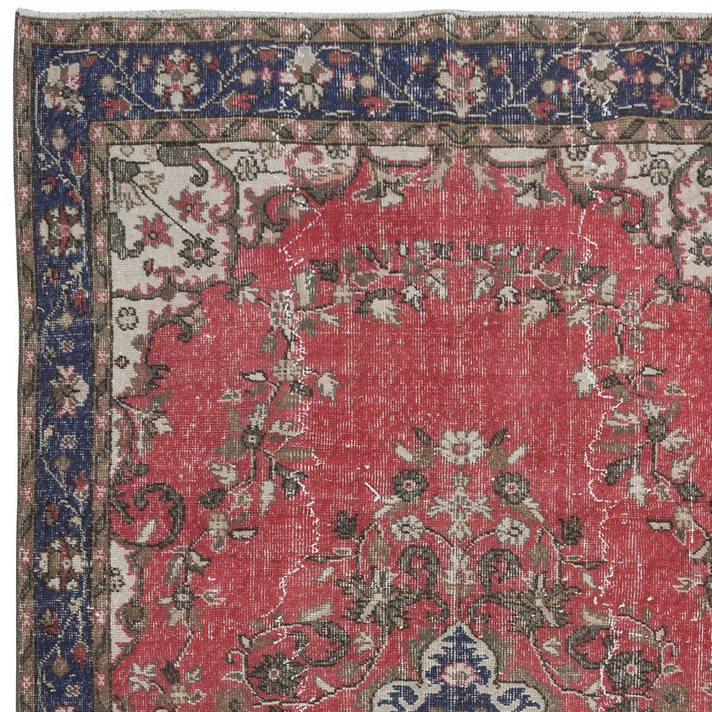 Tapis unique en forme de médaillon turc fait à la main en rouge, beige et bleu foncé