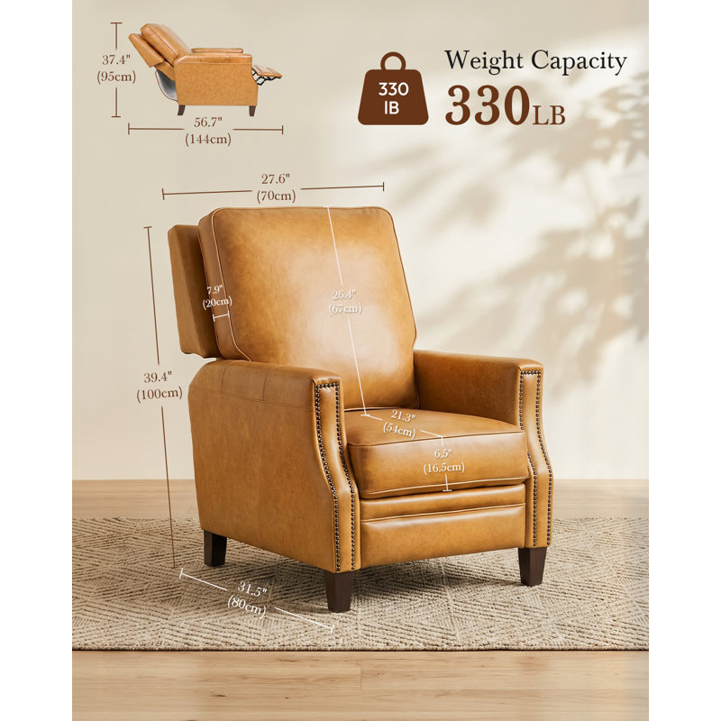 Fauteuil inclinable ergonomique en cuir véritable, dossier haut, pieds en bois massif, fini riveté, facile à nettoyer et à monter, coussin épais, idéal pour le salon ou le bureau, brun foncé.