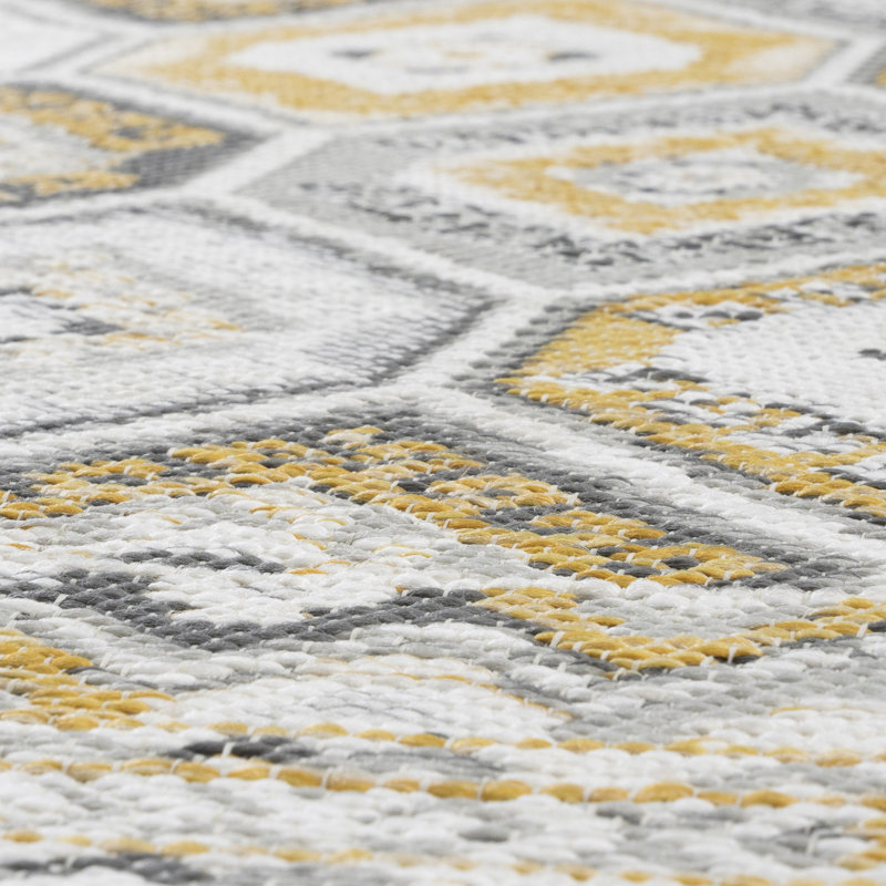 Tapis intérieur / extérieur à tissage plat réversible Deltufo, Crème / Gris / Jaune, Rectangle 5 pi 3 po x 7 pi 3 po