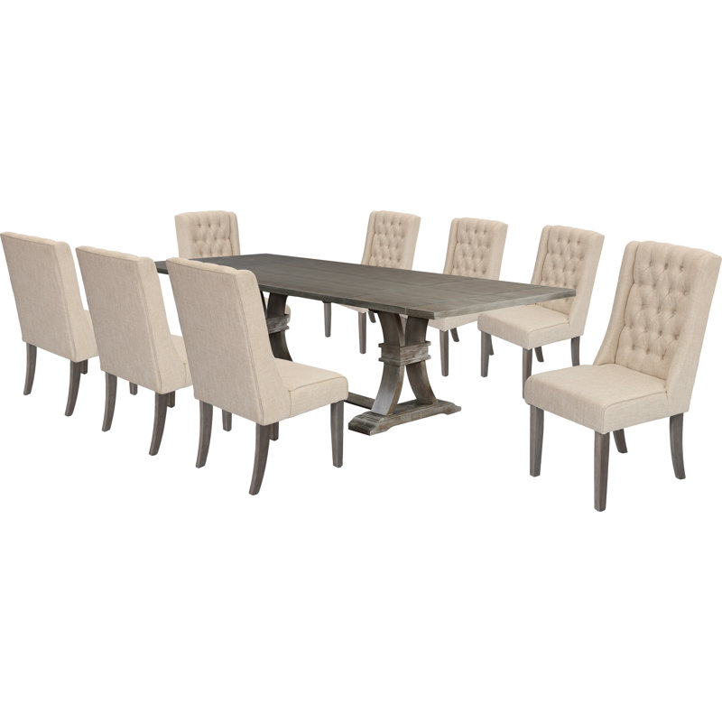 Table de salle à manger à rallonge en bois rustique de 72 po à 104 po avec chaises en lin capitonnées Dions, Gris rustique, 9