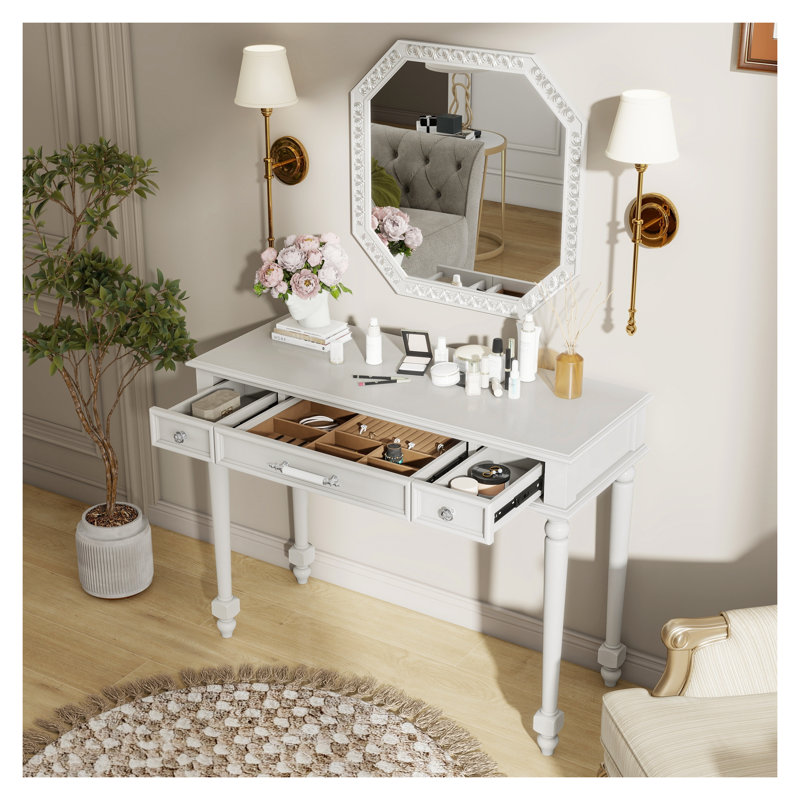 Coiffeuse de maquillage rétro avec grand miroir octogonal - coiffeuse rétro avec 3 tiroirs pour le rangement des bijoux, bureau de maquillage blanc élégant pour la chambre à coucher