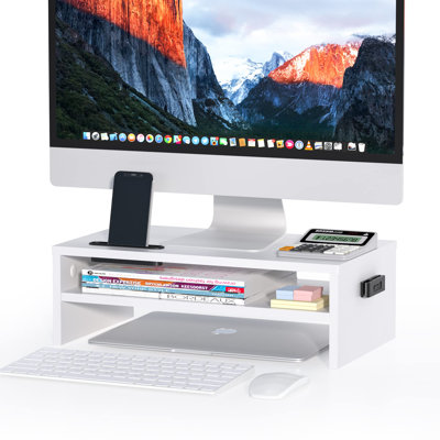 Support en bois pour écran d'ordinateur, tablette de bureau à 2 niveaux avec rangement, support d'ordinateur ergonomique