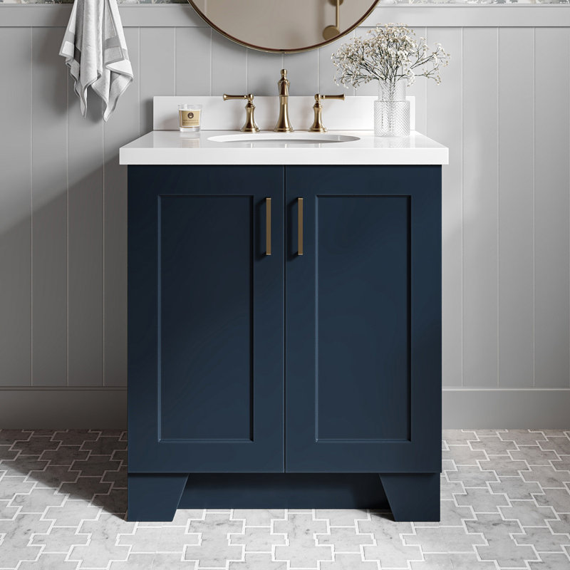 31 IN.  Single Bathroom Vanity, Midnight Blue, Oval, White Quartz