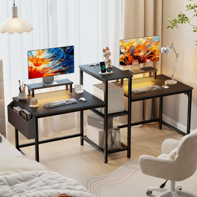 Bureau de jeu 71 pouces pour 2 personnes avec tablettes de rangement, double bureau d'écriture pour ordinateur personnel avec port de charge USB
