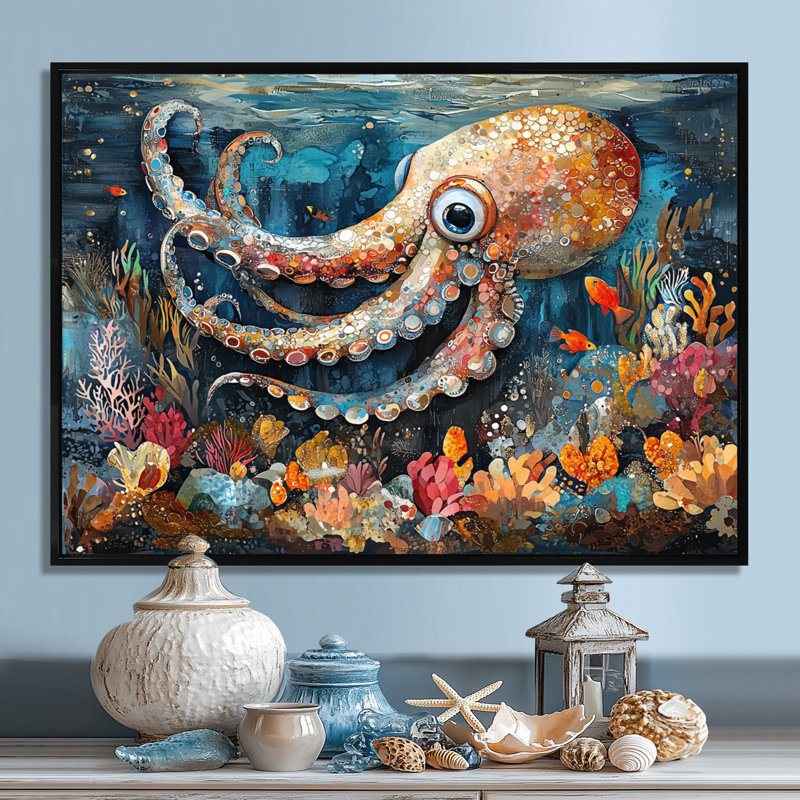 Auree calmar abstrait en collages colorés corail III - art mural calmar, H 12 po x l 20 po, Cadre flottant