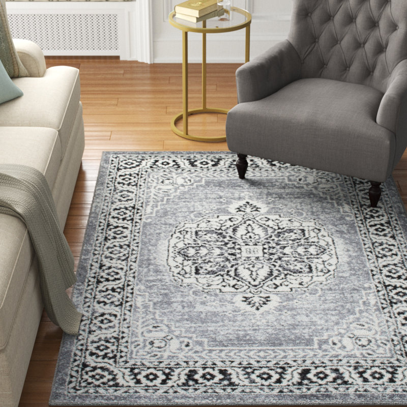 Tapis gris à motif de médaillon avec bordure Buchan, Rectangle 5 pi x 7 pi