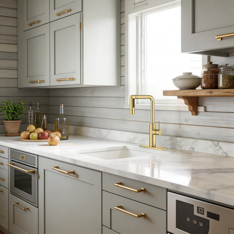 Waterfall Kitchen Faucet With Pull Down Sprayer, Brushed Gold