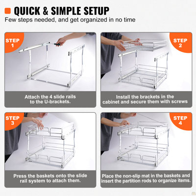 2 Tier 14"Wx21"Dx15"H Pull Out Cabinet Organizer, Heavy Duty Slide Out Pantry Shelves, Steel Roll Out Drawers, Sliding Drawer Storage