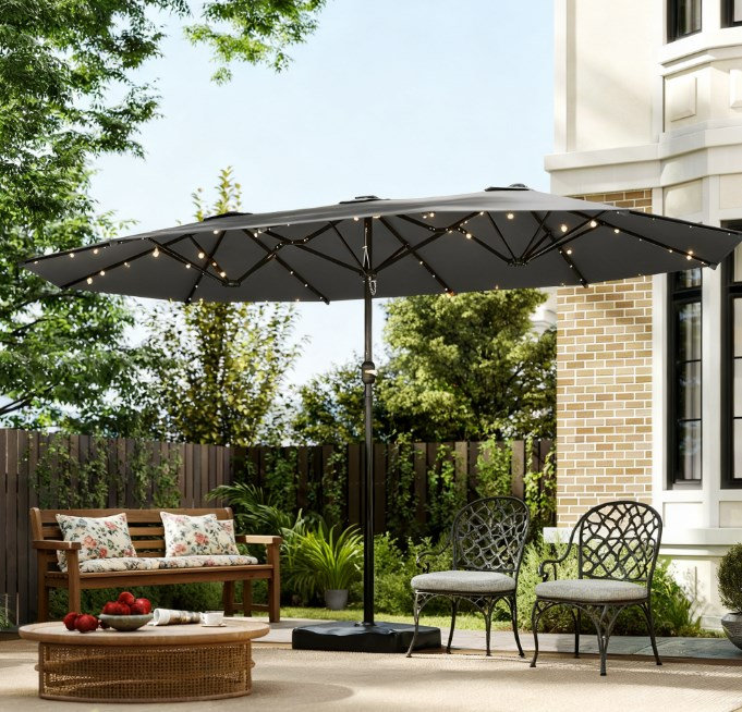 Parasol à double face facile à utiliser avec base, parasol de patio avec lumières solaires à DEL, parasol à double face Parasol