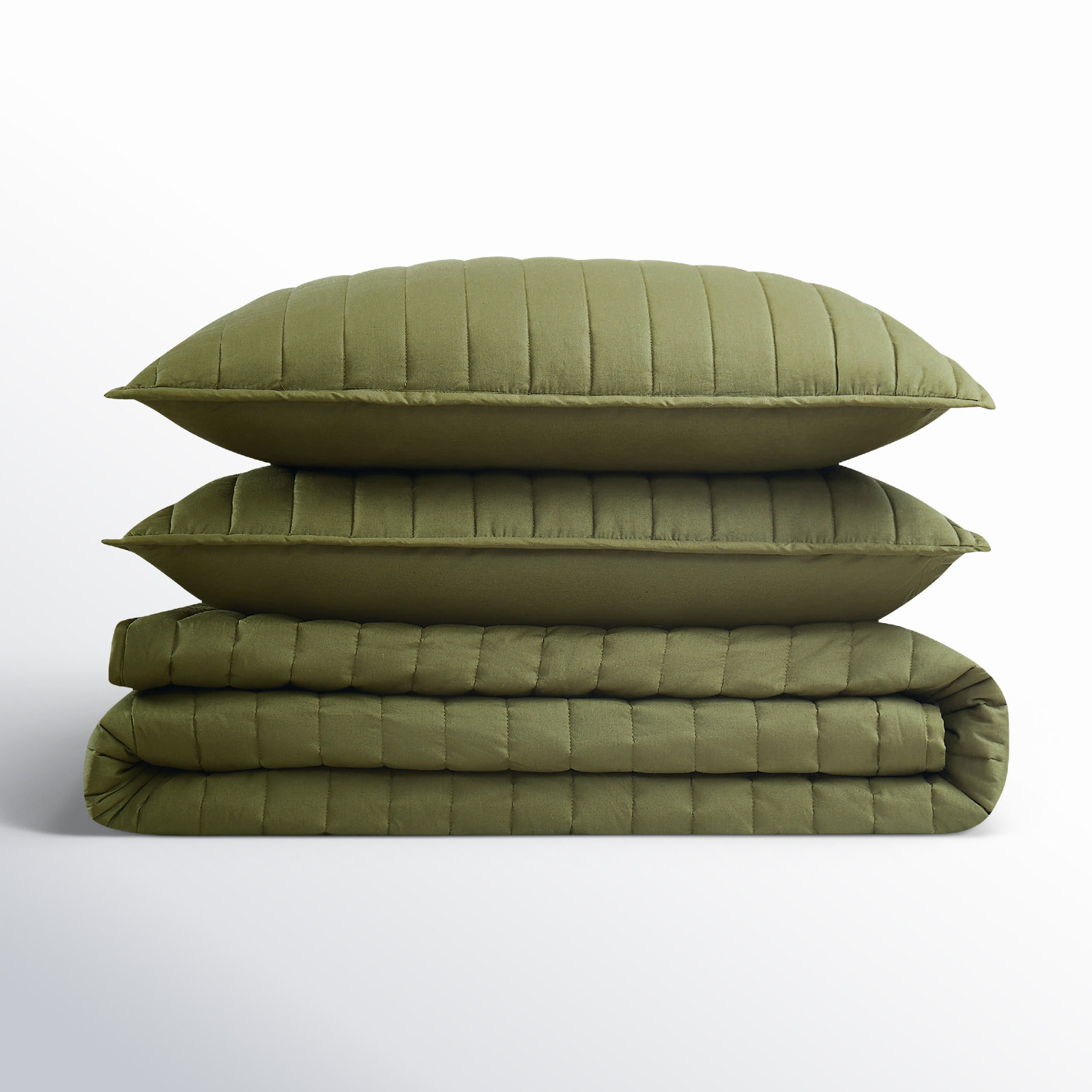 Brooklyn Loom Oversized Cotton Percale Quilt Set, Full/Queen Quilt + 2 Standard Shams, Olive Green