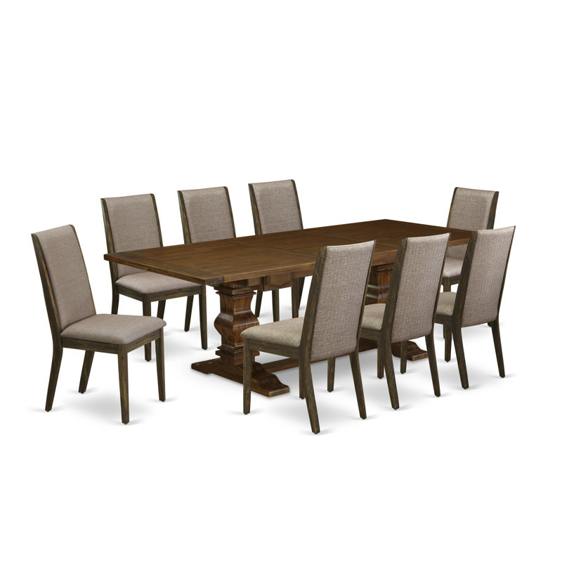 L'ensemble de table de cuisine 9 pièces comprend une table de salle à manger rectangulaire avec rallonge amovible et 8 chaises parsons en tissu kaki foncé, noyer antique