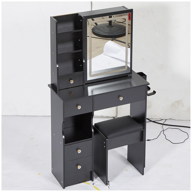 29.2" Small Size Left Drawer Desktop Vanity Table + Cushioned Stool, 2 AC+2 USB Power Station, Hair dryer bracket, Extra Large Touch Control Sliding LED Mirror, Tri-color Switching, Brightness Adjust