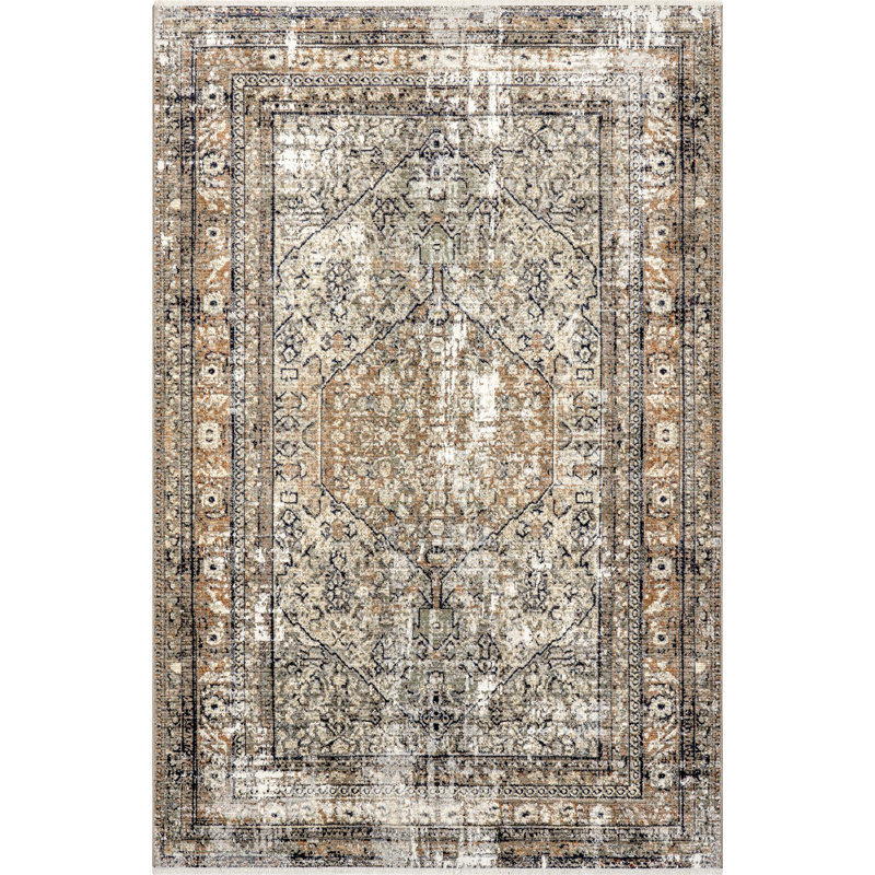 Aagna Distressed Medallion Power Loom Performance Brown/Gray/Ivory Rug, Rectangle 4' x 6'