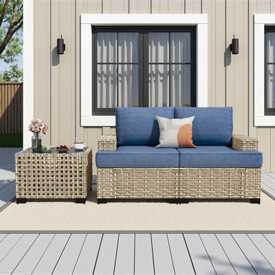 59" Wide Outdoor Wicker Loveseat With Cushions And Coffee Table, Modular Rattan Patio Sofa Set With Left & Right Arm Seats For Deck, Porch And Backyard