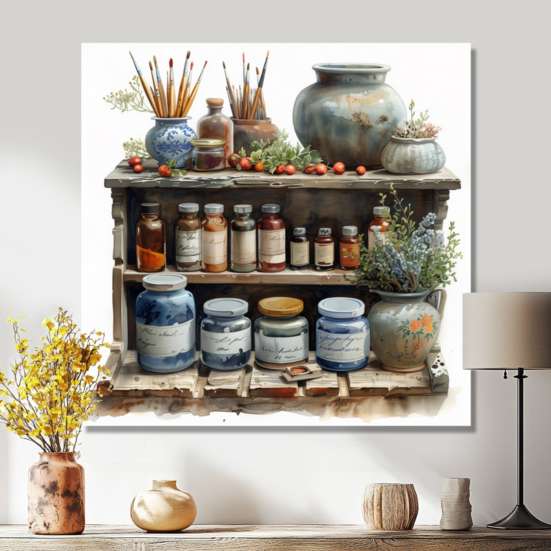 «Orange», peinture artistique rétro «Pots I» - art mural Boho Pottery, Toile tendue, H 36 po x l 36 po