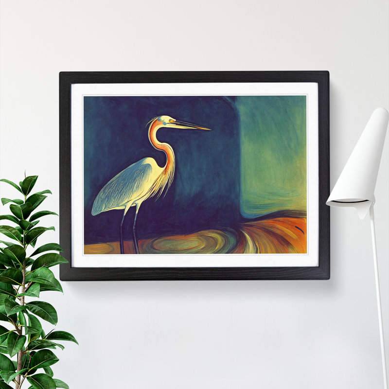XH1022-8901X The Classic Heron Bird - Single Picture Frame Painting, Black, 46cm H x 64cm W x 2cm D