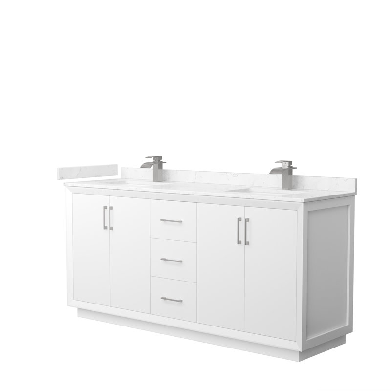 Ensemble de meuble-lavabo double 72 po Strada, Nickel brossé, Blanc, Marbre de culture de Carrare