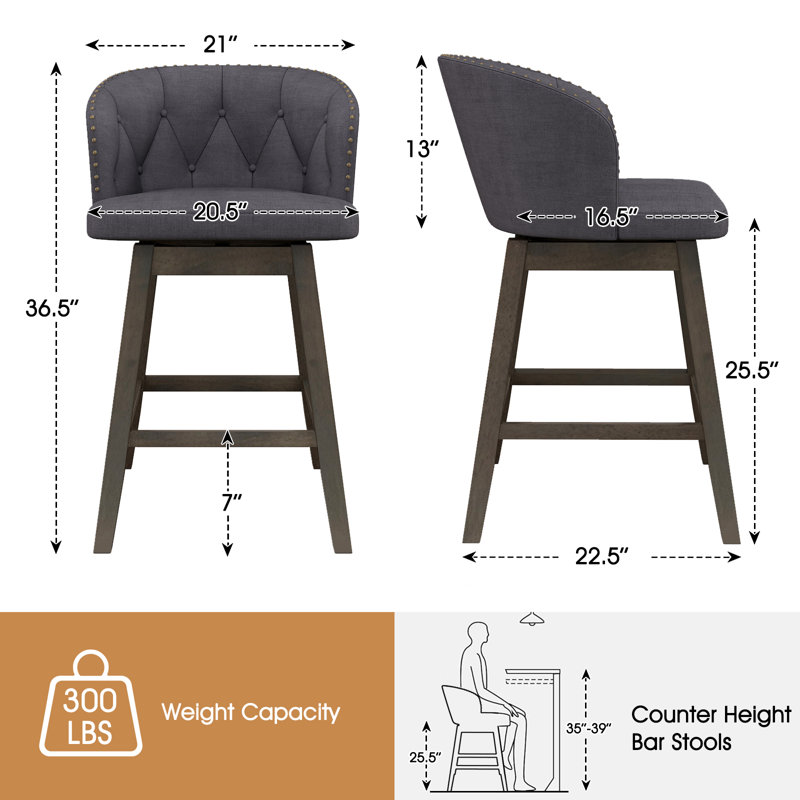 Tabourets de bar à hauteur de comptoir rembourrés en tissu avec siège pivotant à 360 °, Gris, 2