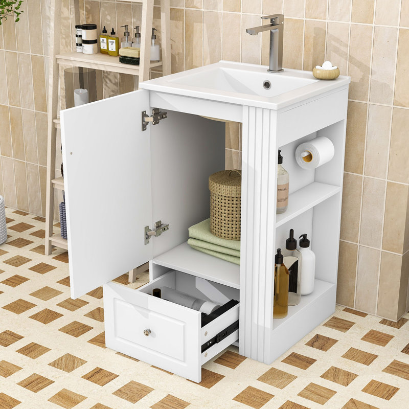Meuble-lavabo compact avec lavabo en céramique, tiroir de rangement à fermeture en douceur, tablettes ouvertes et barre à serviettes