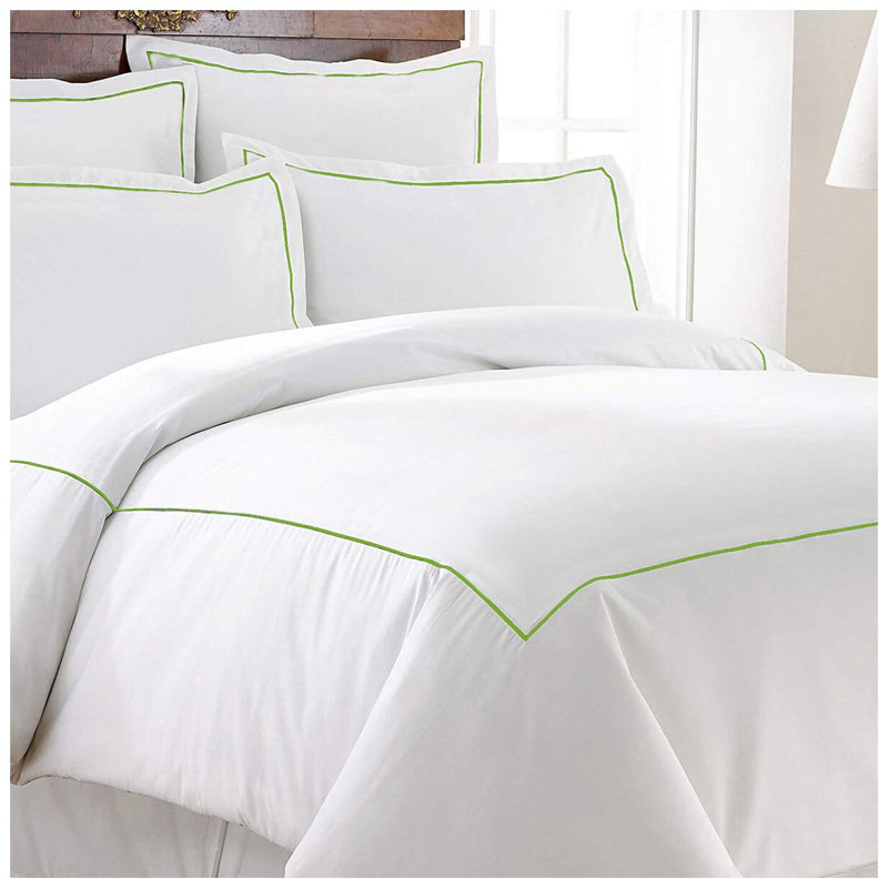 400TC Cotton Single Embroidery Sateen Solid Duvet Cover Set, Twin Duvet Cover, White/Parrot Green