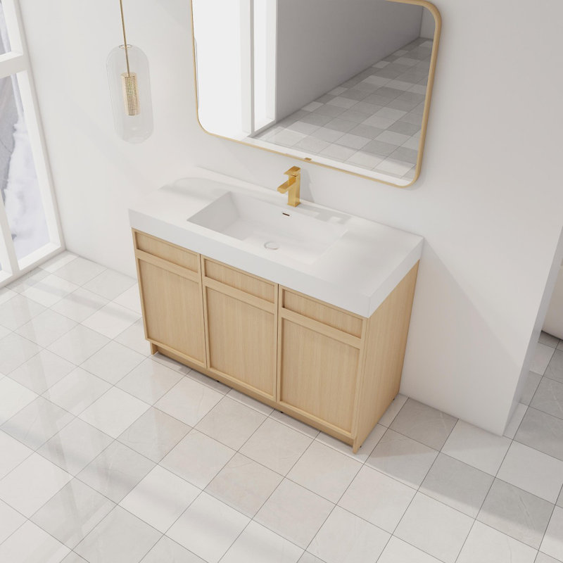 Meuble-lavabo autoportant à fermeture en douceur avec lavabo en résine blanche