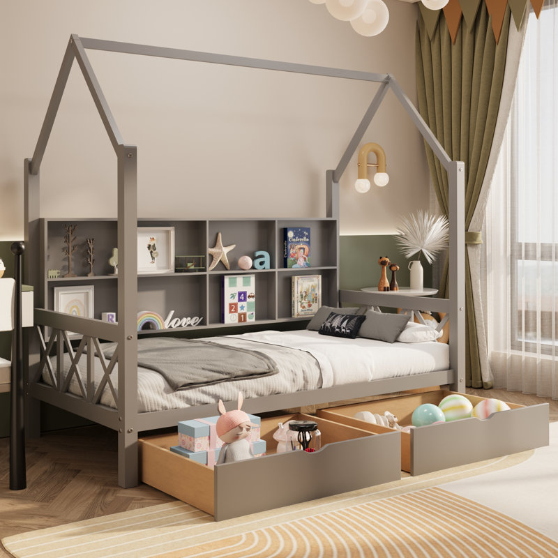 Allurine Children's Bed with Drawers, Gray, Twin