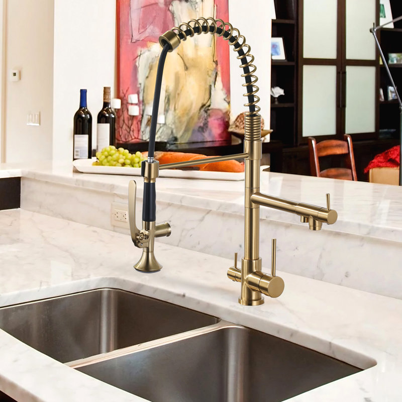 Commercial Style 3-In-1 Pull Down Kitchen Faucet With Drinking Water Kitchen Faucet, Brushed Gold