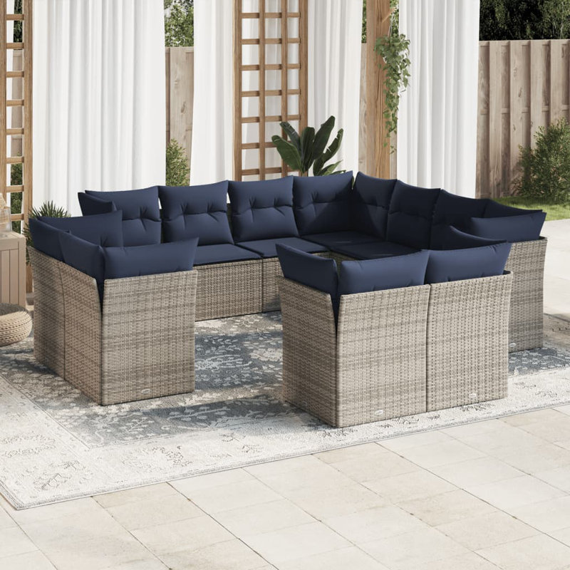 12 Piece Patio Sofa Set With Cushions Black Poly Rattan, Dark Blue Cushion/Gray Frame
