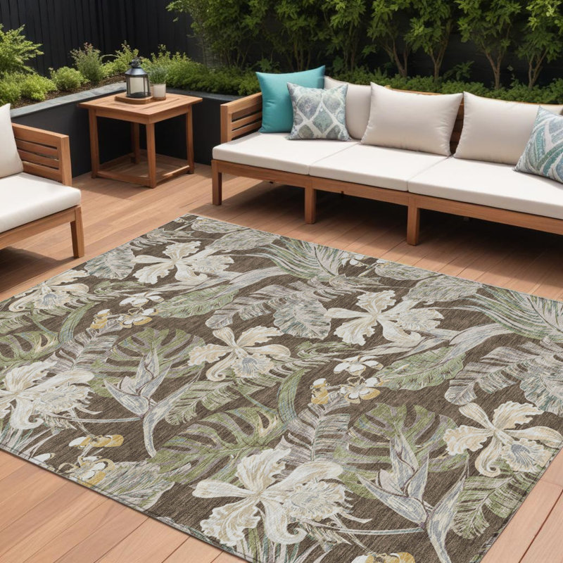 Tapis d'intérieur lavable à feuilles 9 pi x 12 pi brun à motif botanique