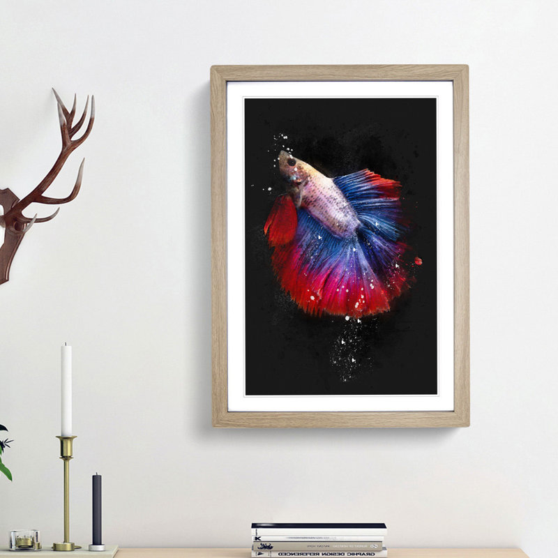 Siamese Fighting Fish - Picture Frame Graphic Art Print, 87cm H x 62cm W x 2cm D, Oak Framed