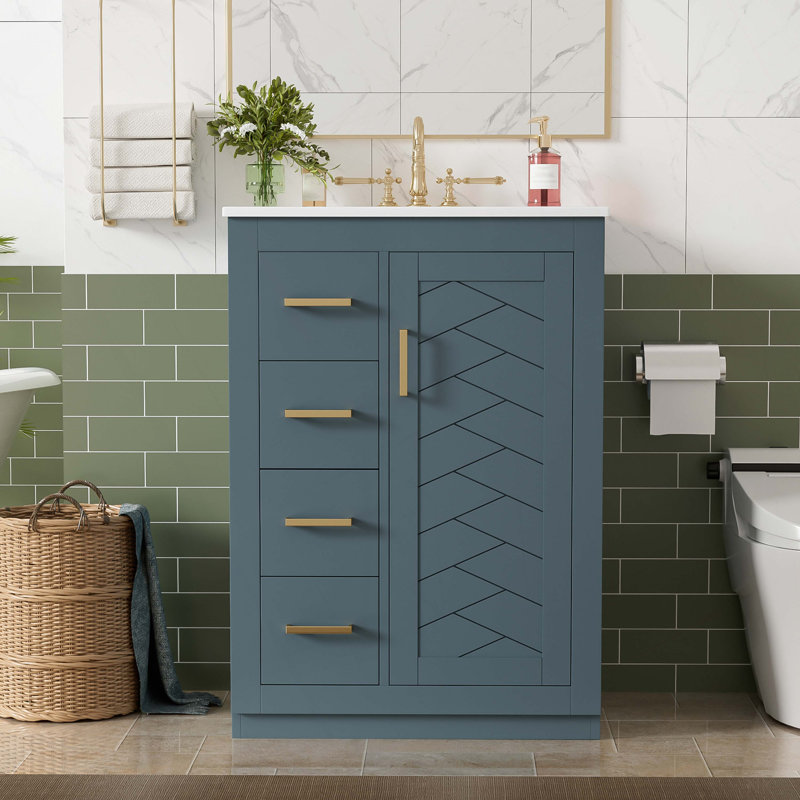 Meuble-lavabo 24 po avec lavabo intégré en céramique, meuble-lavabo à une porte, 3 tiroirs et meuble-lavabo simple pour petite et moyenne salle de bain