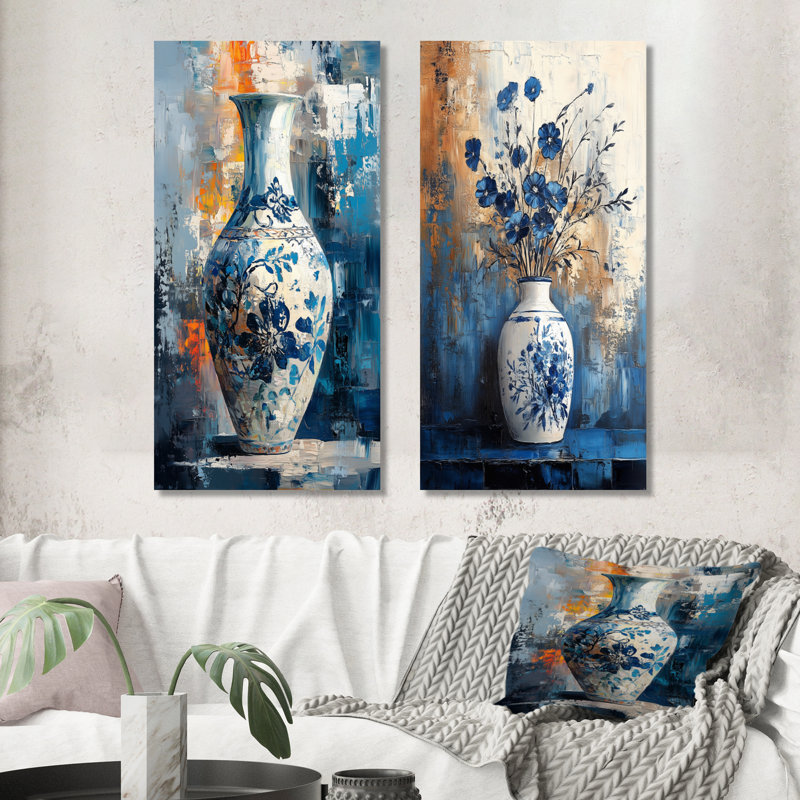 Ensemble d'art mural bleu et orange contemporain Boho Pottery I - Boho Pottery, Ne s’applique pas, Toile tendue sur cadre