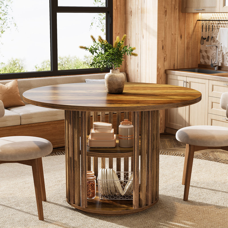 47" Round Dining Table with 2-Tier Storage and Wood Base
