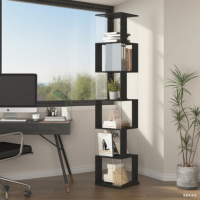6 Tier Rotating Bookshelf, Floor Rack Simple Bookcase With Acrylic Plate Student Multi-Function Creative Bookshelf For Living Room With Anti-Toppling Base
