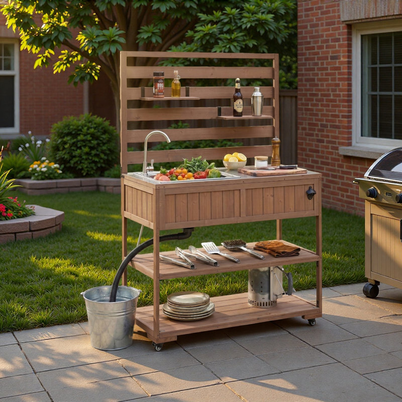 Grand chariot de cuisine en bois massif avec évier et banc de jardin avec plateau en acier inoxydable 41,7 po Simple Silhouette