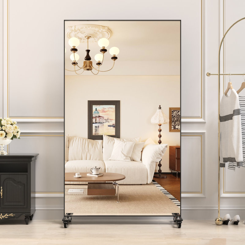 Miroir 67 po x 40 po noir avec cadre en métal, roulettes, miroir carré pour chambre à coucher et divers espaces