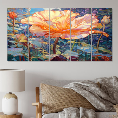 «Chrysanthème fleurissant dans le lac rétro I», art mural de salon, 5 panneaux égaux