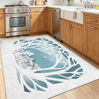 Tapis d'intérieur bleu lavable à la machine, motif paysage de Noël en papier.