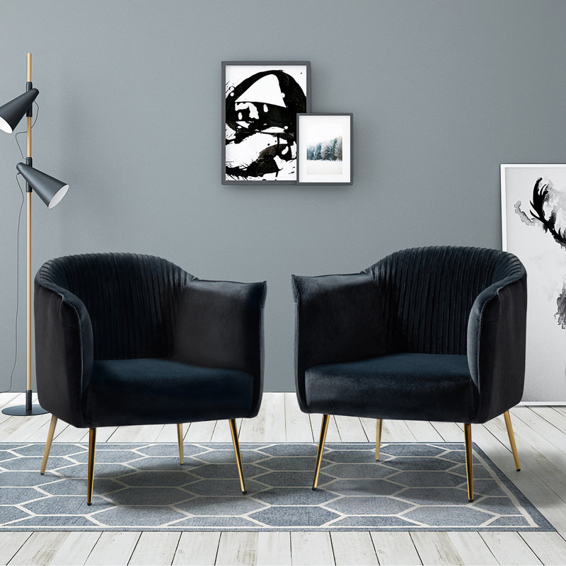 Fauteuil demi-tonneau en velours capitonné Ratzlaff, Velours noir