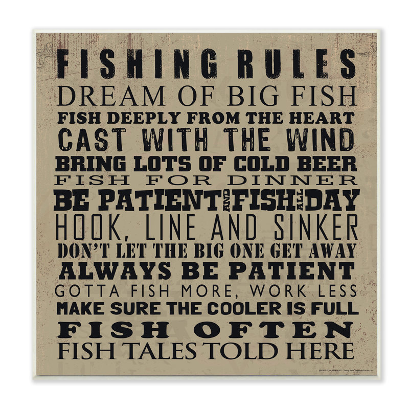 « pêche rules », art textuel, H 12 po x l 12 po, Plaque