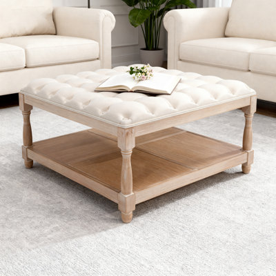 Grandes tables basses carrées pour repose-pieds, U capitonné, L 33,5 po x l 33,5 po x H 18,5 po, lin en coton / rotin / bois massif, 1 pièce, table de salle à manger, beige, fabrication en bois massif