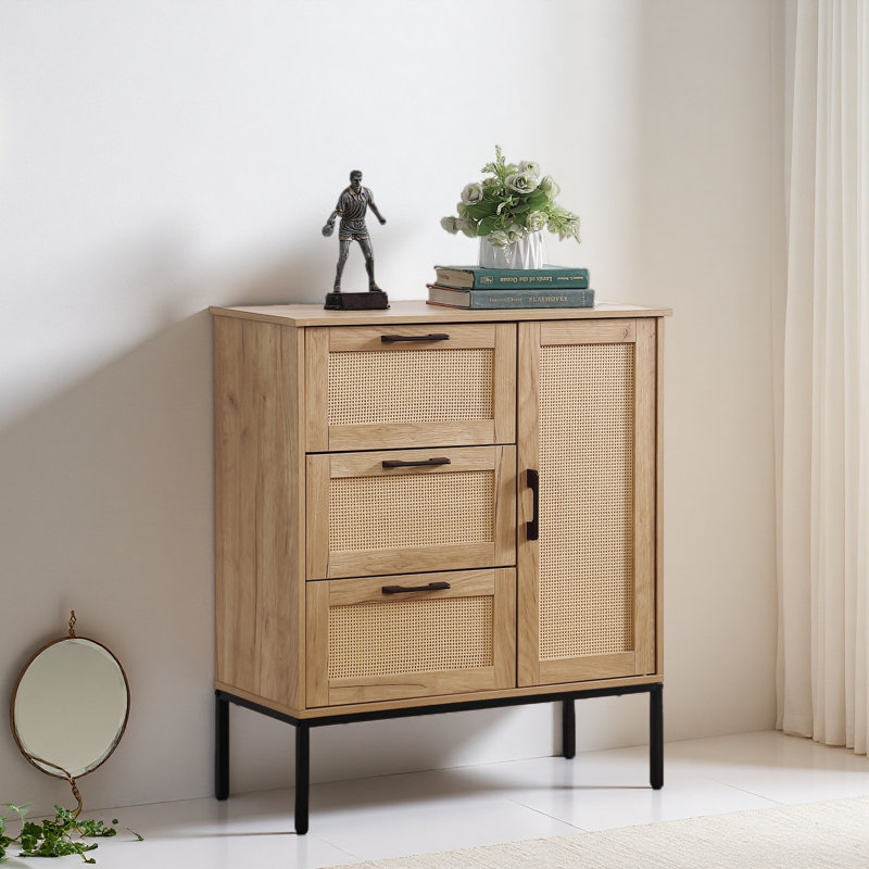 Armoire de rangement de style Mid-Century: 3 tiroirs, portes en rotin, tablettes réglables, idéale pour le salon et la salle à manger