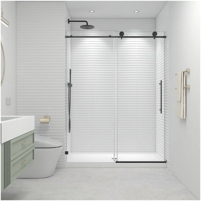 60" W x 73" H Soft Closing Sliding Frameless Black Shower Doors,8mm Easy-Clean Explosion-Proof Tempered Glass, Matt Black