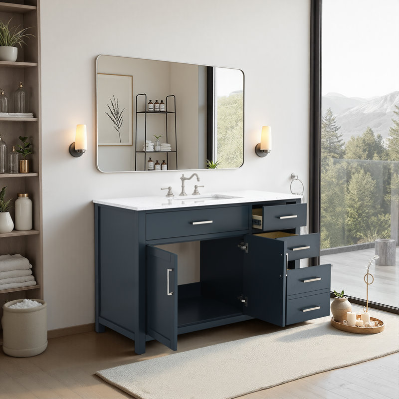 Ensemble de meuble-lavabo simple 48 po avec plateau en marbre d'ingénierie Shamar, Bleu rétro