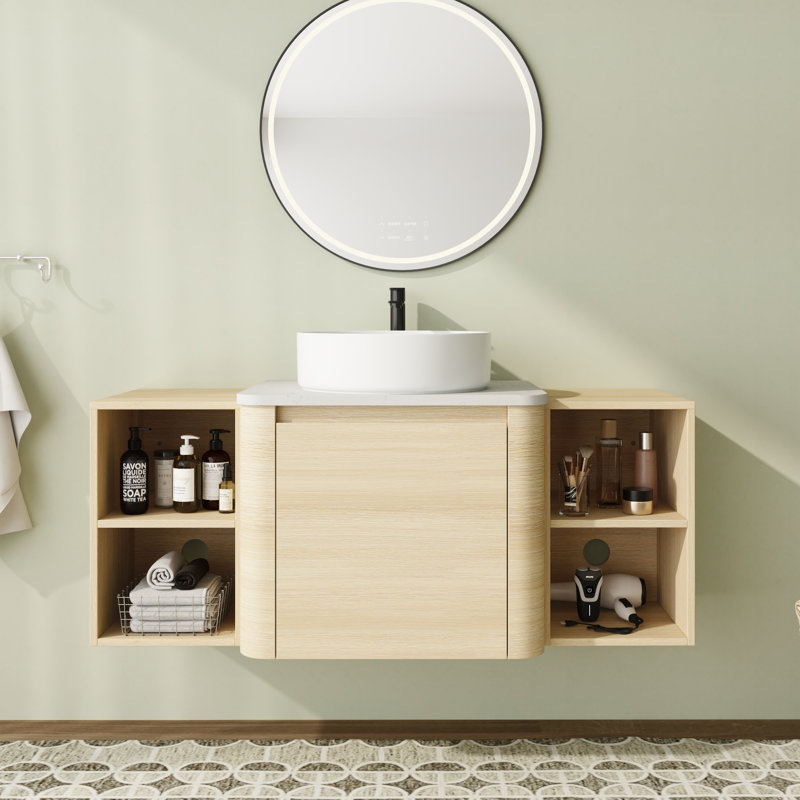 Ensemble de meuble-lavabo mural simple 48 po avec plateau en pierre reconstituée et portes à fermeture en douceur 48 po