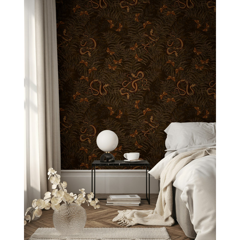 Papier peint brun foncé avec motif de forêt foncée, adhésif mural rétro botanique