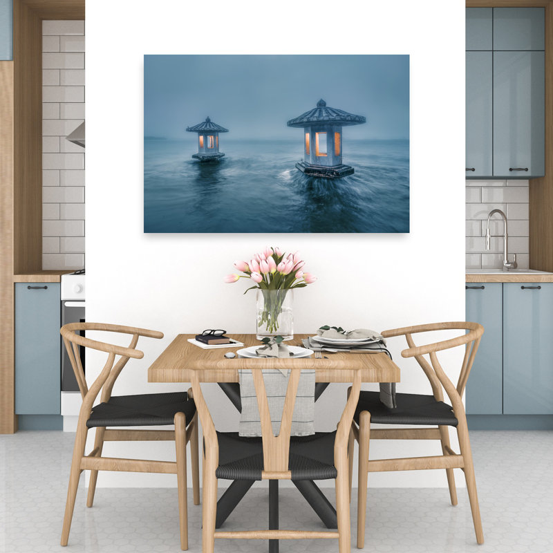 «Misty Lake Lanterns Ethereal Mystical Peaceful Landscape Nature», art mural, H 32 po x l 48 po