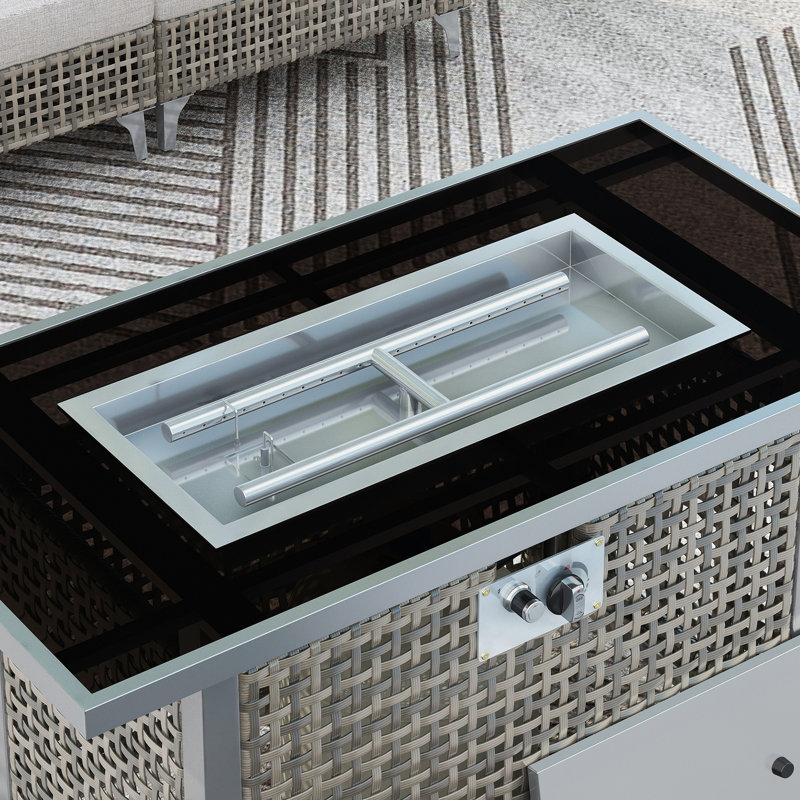 43 Inch Rectangular Propane Fire Pit Table, 60000 , Open Weave In Grey, With Blue Glass Stone Decoration And Wind Guard For Outdoor Entertaining Spaces Gas Patio, Deck, Garden, Backyard - Featuring