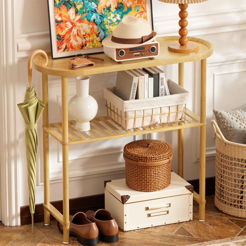 Small Entryway Table Bamboo 30.7", Narrow Hallway Table Oval Top 2-Tier, Slim Console Table With Anti-Fall Edge,Small TV Stand For Bedroom