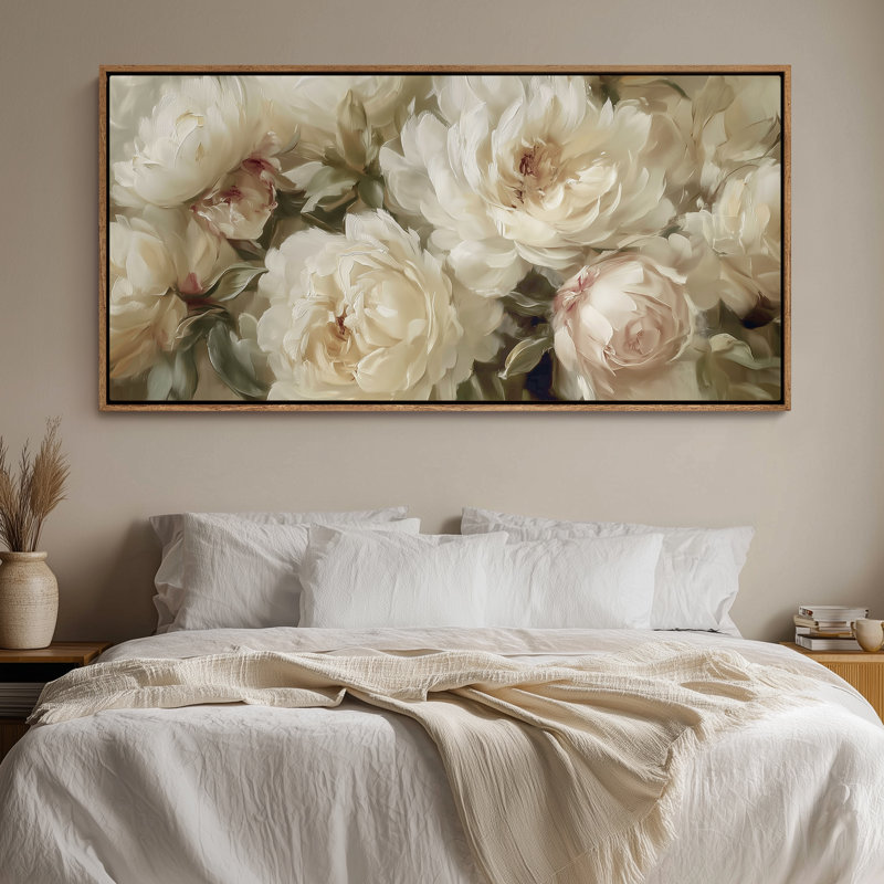 Art mural encadré sur toile - Arrangement floral élégant pivoine ivoire avec des tons neutres doux - 16 po x 24 po, 24 po x 36 po